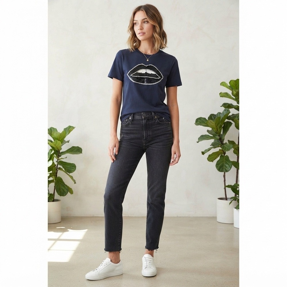Markus Lupfer T-Shirt Women XS Navy Excellent Sequin Crystal Lip Graphic Tee